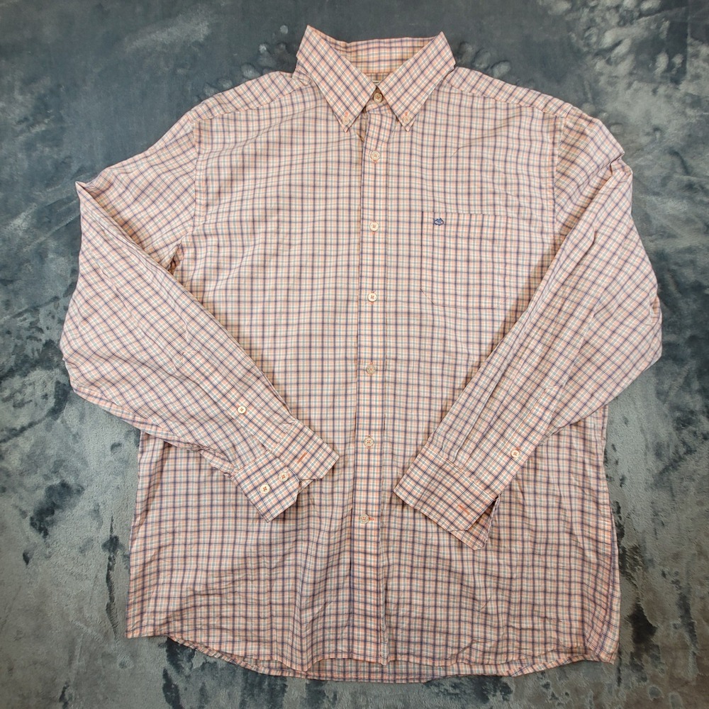 Southern Tide Mens Large Classic Fit Plaid Button Down Shirt Orange Blue Stretch